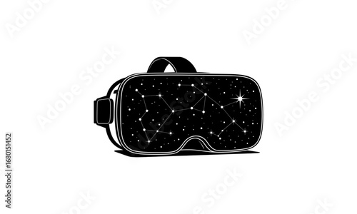 Virtual reality headset displaying constellations and stars in a cosmic black and white illustration style