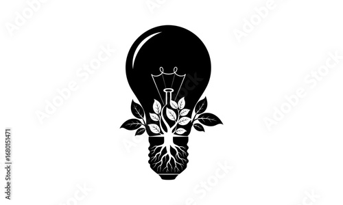 Illustration of a lightbulb with a tree growing inside with roots and leaves in black and white design