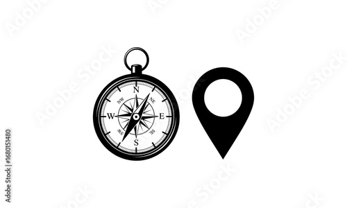 Illustration of a compass with cardinal directions and a location pin in black and white design style