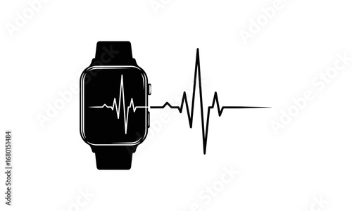 Black and white illustration of a smartwatch displaying a heart rate monitor with a pulse line showing