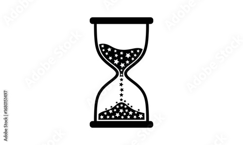 Hourglass illustration with stars flowing from top to bottom chamber in a black and white design style