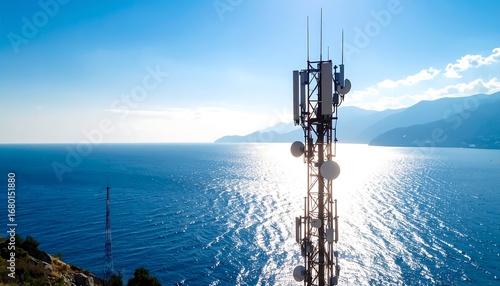 A telecommunications tower stands tall over a tranquil ocean vista