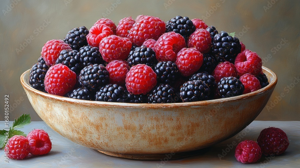 Fototapeta premium Rustic Bowl Overflowing with Vibrant Red Raspberries and Deep Purple Blackberries, a Painterly Still Life Composition with Scattered Berries and Leaf on a Textured Surface.