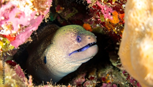 Fototapeta Naklejka Na Ścianę i Meble -  Moray eel partially visible in coral reef crevice