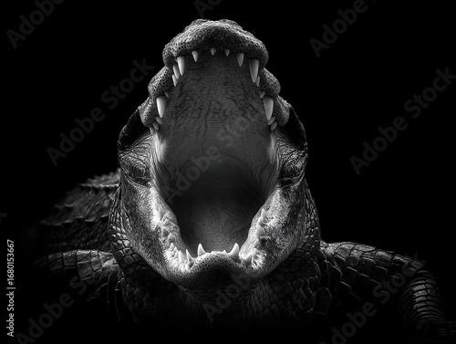 A powerful monochrome portrait of a fearsome alligator emerging from the darkness, its massive jaws agape revealing formidable, sharp teeth