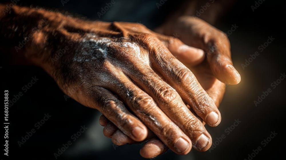Fototapeta premium Closeup of applying lotion on hands with natural daylight, summer skincare concept, two hands with Indian skintone, soft glowing skin, moisturizing routine, healthy and radiant skin care idea