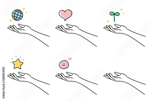 線画　手と地球やハートなどのイラスト