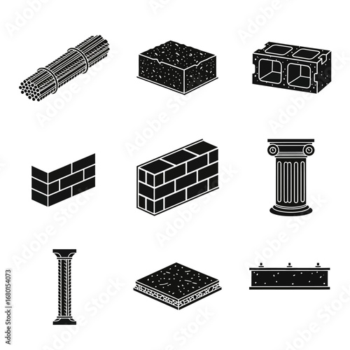 A comprehensive black and white icon set illustrating essential building materials and classic architectural components for construction and design projects.