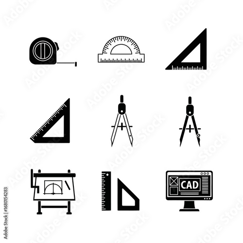 This essential collection showcases various drafting and measurement tools, from traditional rulers and compasses to modern CAD software, ideal for design.