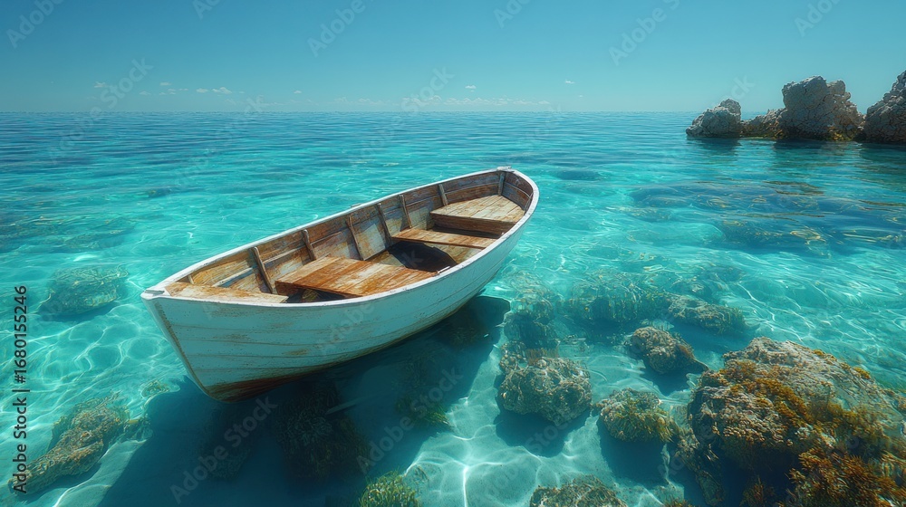 Fototapeta premium Tranquil Tropical Seascape with a Weathered Wooden Boat Floating in Crystal Clear Turquoise Water under a Bright Blue Sky, Revealing Underwater Coral and Seabed.