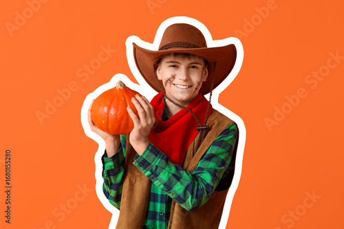 Cute happy boy with pumpkin...