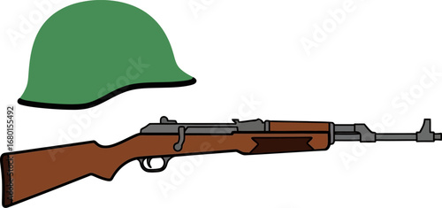 Green Helmet and Rifle Illustration on White Background