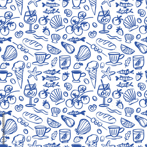 Coastal Café Seamless Pattern – Food & Summer Vibes. 