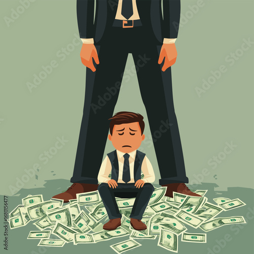 Businessmen bow down and bootlicking the feet of powerful man who shower him with money