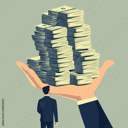 Businessman receiving large stacks of money from a giant hand. Concept of funding, venture capital, financial support, dividend, and profitable business