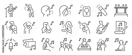 Singer icon set. It included music, musician, song, song writer, and more icons. Editable Vector Stroke.

