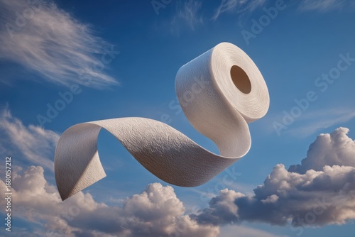 Floating toilet paper roll in a cloudy sky surreal image nature outdoor upward view humor and creativity