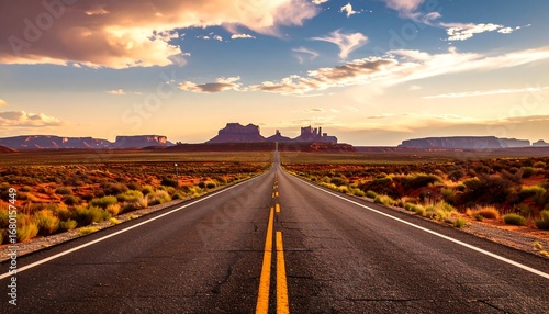 Empty road stretching into a vibrant sunset landscape