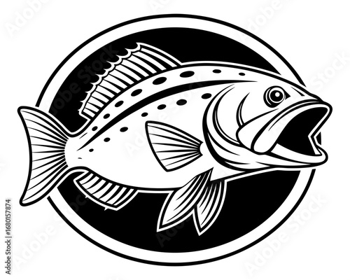 Striking fish logo emblem featuring an open mouthed black bass