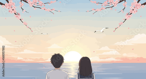 Tranquil Cartoon Illustration of Couple Watching Sunset at Seaside Scenery