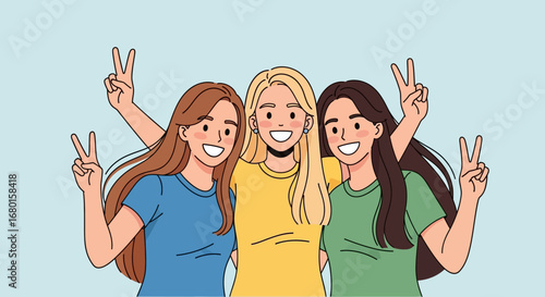 Flat Colorful Three Young Woman Friends Celebrating Friendship and Happiness Illustration