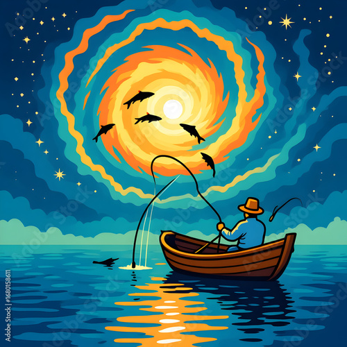 Surreal night fishing scene with fisherman in wooden boat under glowing vortex sky, leaping fish, moonlight, and calm water reflections — fantasy artwork illustration