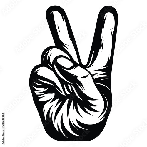 Graphic black and white depiction of a peace symbol hand gesture