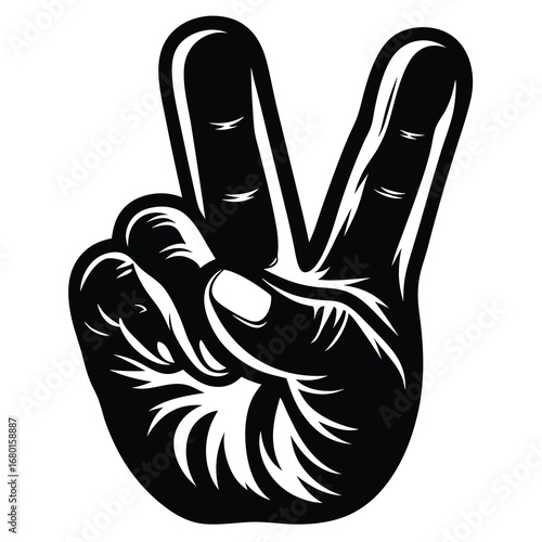 Stylized black and white hand with two fingers up forming peace sign