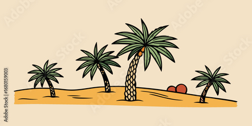 Minimal hand-drawn vector sketch with black lines, featuring a date palm with rich fronds, desert greenery, and oasis vegetation in ink style.