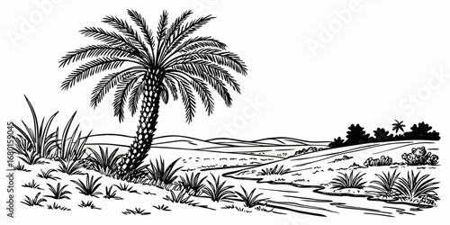 Minimal hand-drawn vector sketch with black lines, featuring a date palm with rich fronds, desert greenery, and oasis vegetation in ink style.
