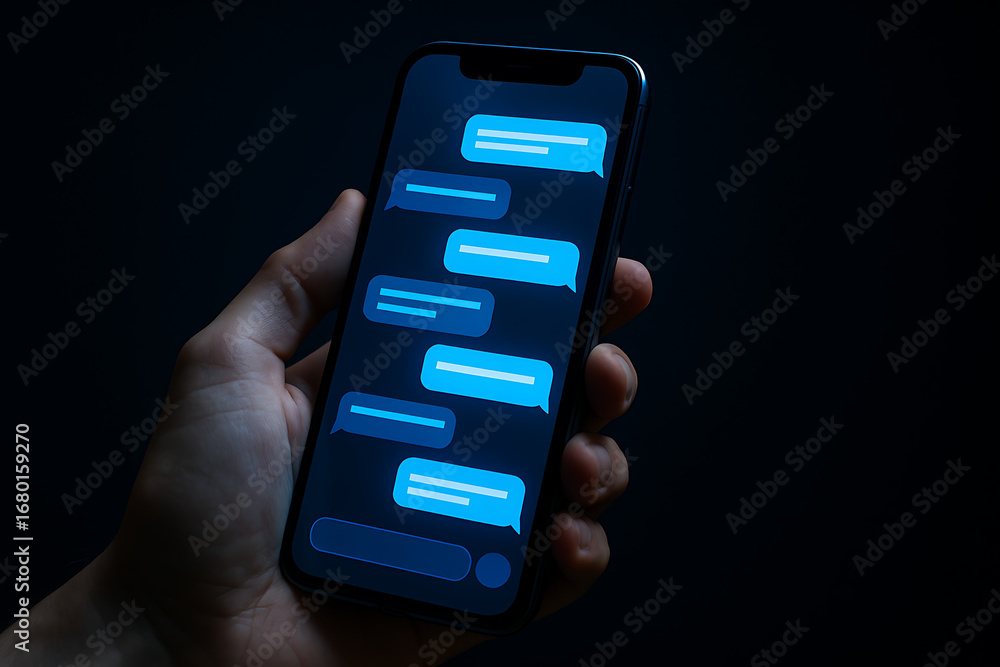 Obraz premium Hand holding smartphone with glowing chat messages screen, digital communication texting interface, mobile technology social media conversation background, online messaging application futuristic dark