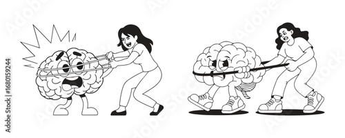 Vector outline illustration of human vs brain tug of war concept, symbolizing conflict between logic and emotion. clean design [Editorial]