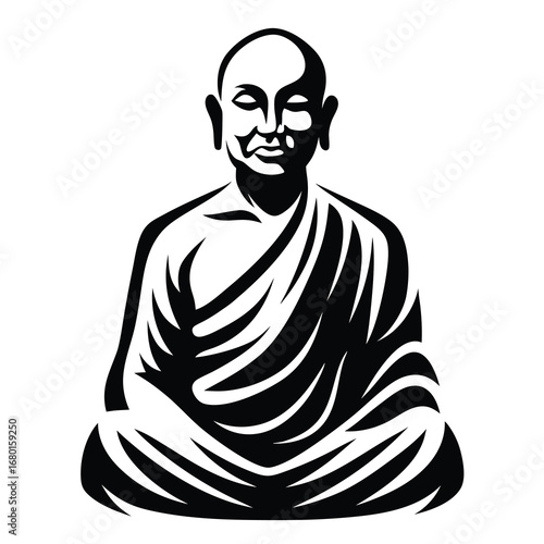 Monochrome Vector Illustration of a Meditating Buddha in Lotus Position on White
