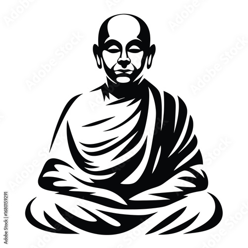 Monochrome Buddhist Monk in Meditation Position with Graphic Design Style