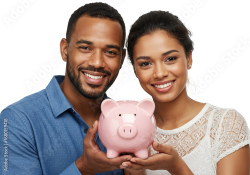 Happy couple holds pink piggy bank together symbolizing financial goals and savings transparent background