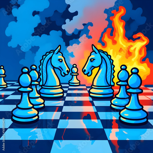 Abstract Chessboard with Blue and Yellow Pieces Facing Off under Fiery Red-to-Yellow Flame and Dark Cloudy Sky — Surreal Strategy Illustration with Reflective Surface