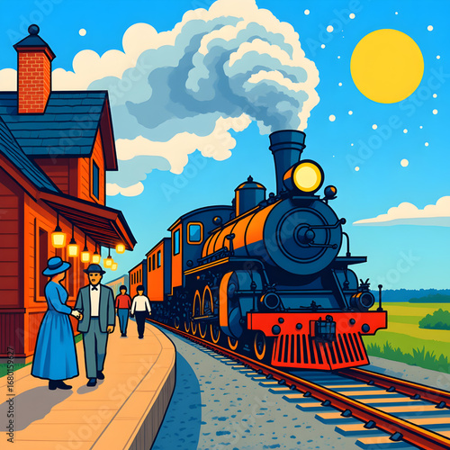 Vintage Steam Locomotive Arriving at Brick Train Station with Passengers on Platform — Nostalgic Railway Illustration in Cartoon Style under Bright Blue Sky and Sun