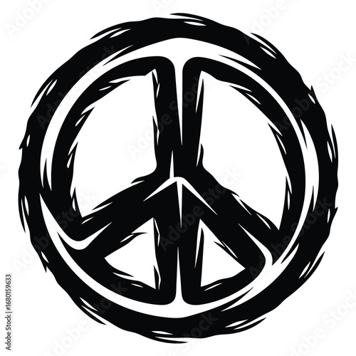 Grunge and symbolic peace symbol design in black and white color
