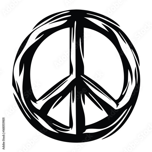 Bold Black and White Artistic Peace Sign with Brushstroke Outline Effect