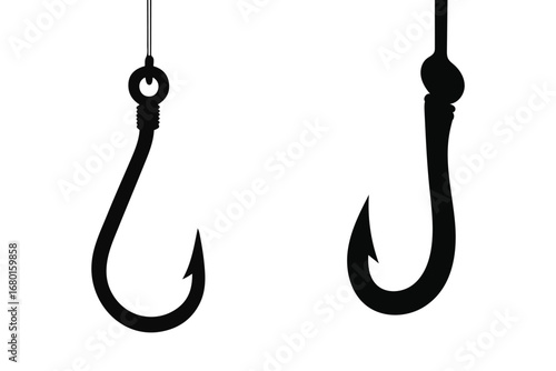 Fishing hook gear silhouette vector, simple black design for fishing equipment, hobby, and outdoor concepts.