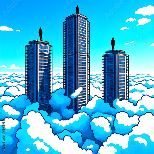 Futuristic Cartoon Skyscrapers Above the Clouds with Human Silhouettes — Blue City Skyline in Vibrant Fantasy Style under a Bright Sky
