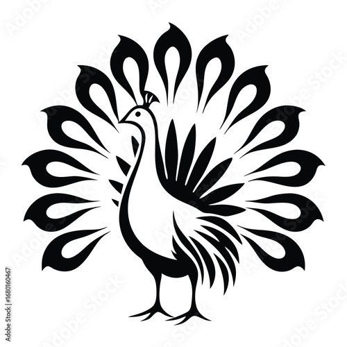 Striking black and white vector image of a stylized peacock with plumage