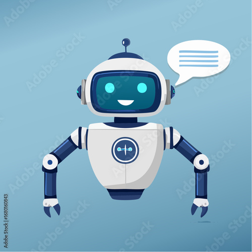 Friendly Cartoon Robot with Speech Bubble and Blue Eyes.