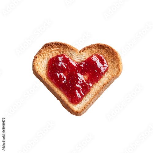 toasted slice of bread with heart shaped of strawberry jam isolated on a transparent background, in a PNG format