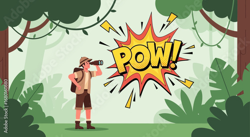 Adventurer Discovering 'Pow!' Comic Action in Tropical Forest Exploration Scene