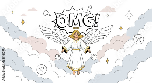 Angelic arrival vector illustration with surprise elements and decorative clouds