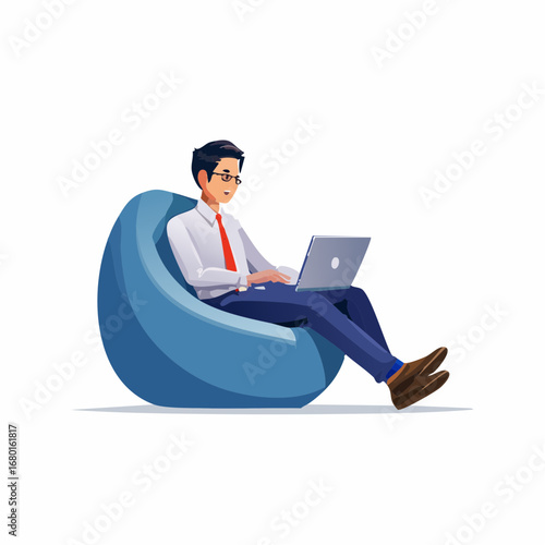 Man Working on Laptop While Relaxing on Beanbag Chair.