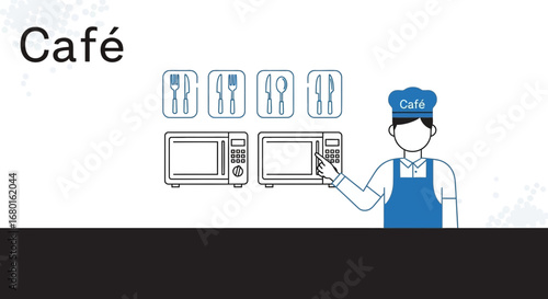 A modern illustration of a café with a chef using microwave ovens and utensils icons