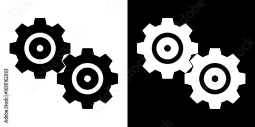 Black and white vector icon of two interlocked gears, representing engineering, technology, mechanics, or system settings