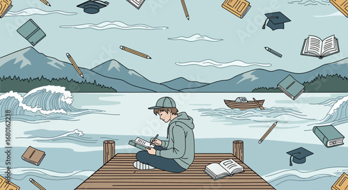 A peaceful student studies outdoors on a dock surrounded by nature and knowledge